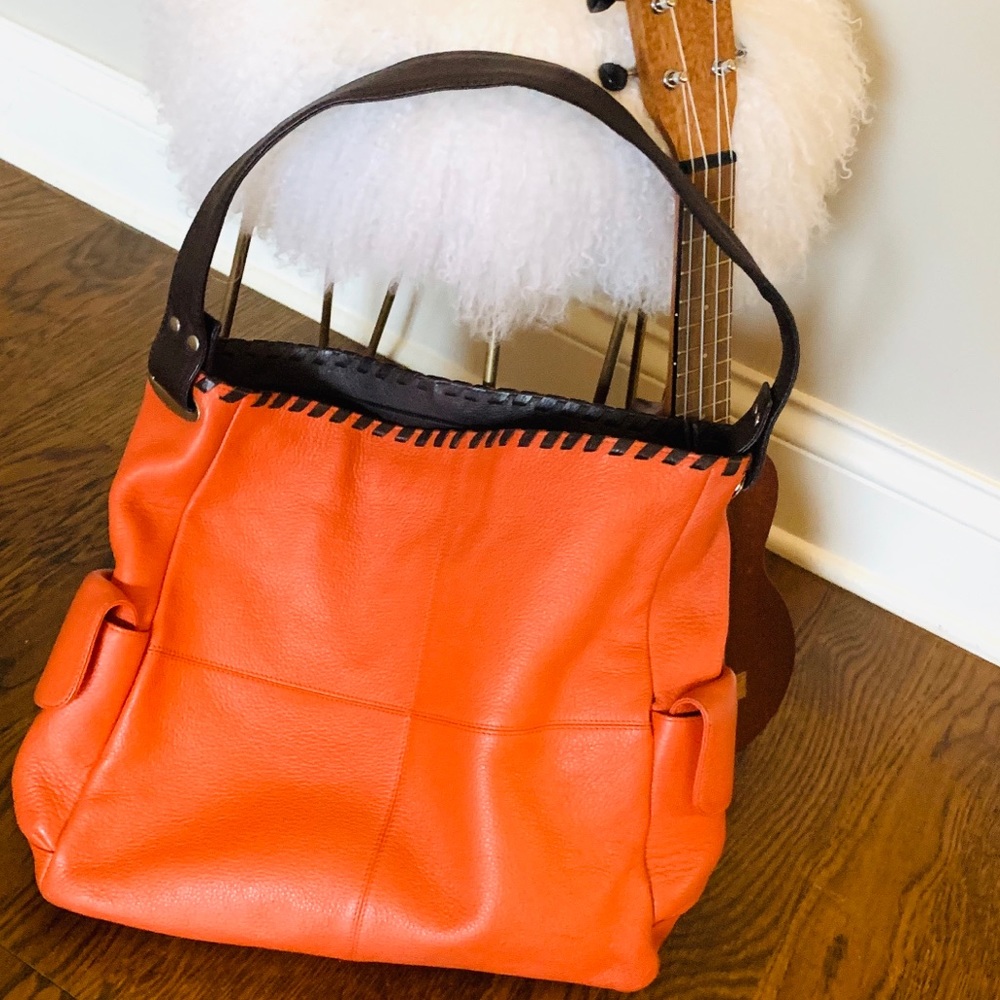 BARNEYS NEW YORK Leather Shoulder Tote Orange Bag